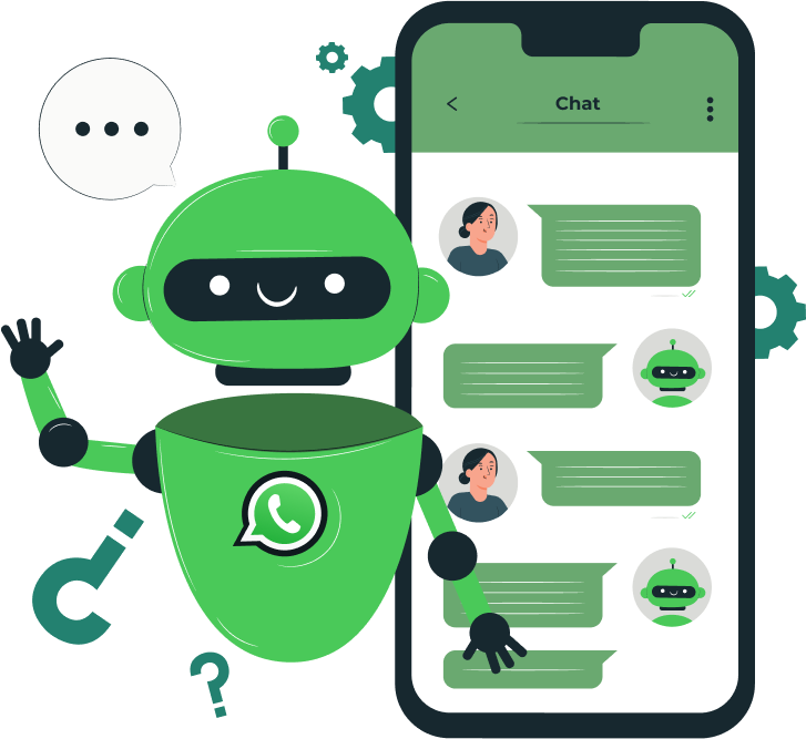 Ilustración de un asistente automático respondiendo una conversación de WhatsApp en un teléfono